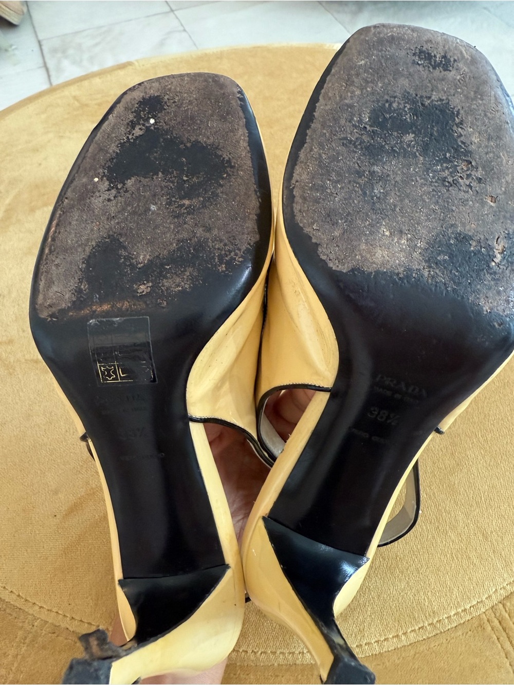 Prada Yellow Patent Leather Mary Jane Slingback Heels with Black Trim - Picture 10 of 11
